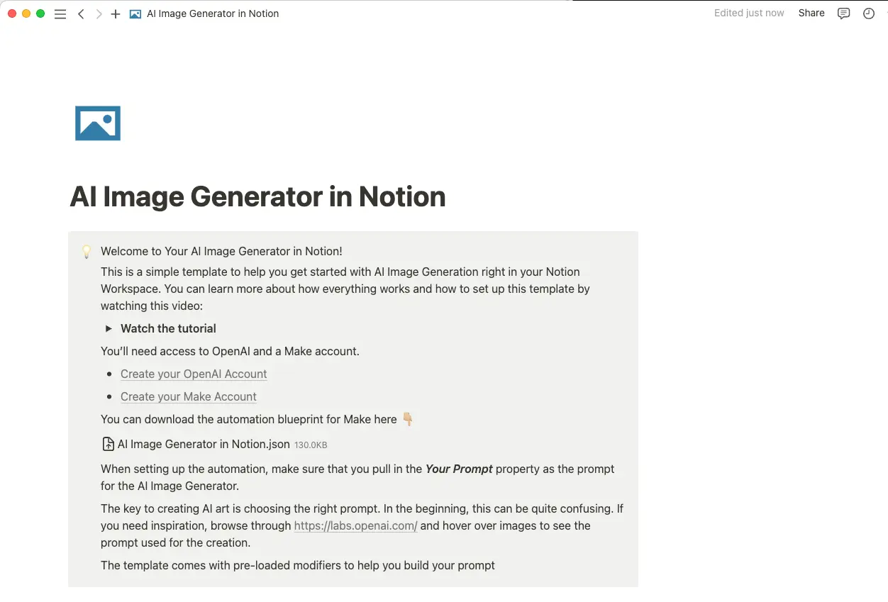 Plantilla Generador de imágenes con IA en Notion