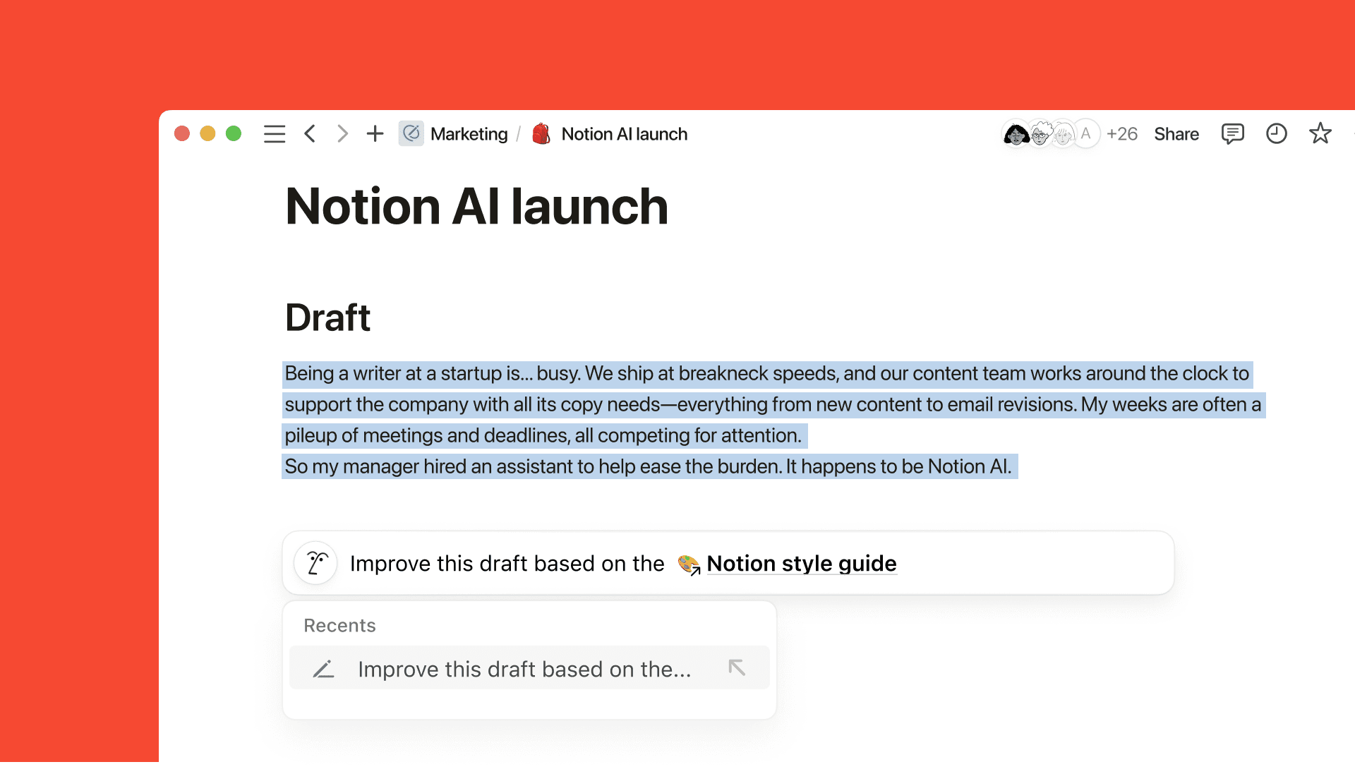 La IA de Notion, mi editor personal me ayuda a cachar pequeños errores y me brinda comentarios sobre estructura y fluidez.